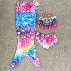 Girls Rainbow Mermaid Scale 3pc Swimsuit Set with Tail Size Kids 7/8 Ruffle Top